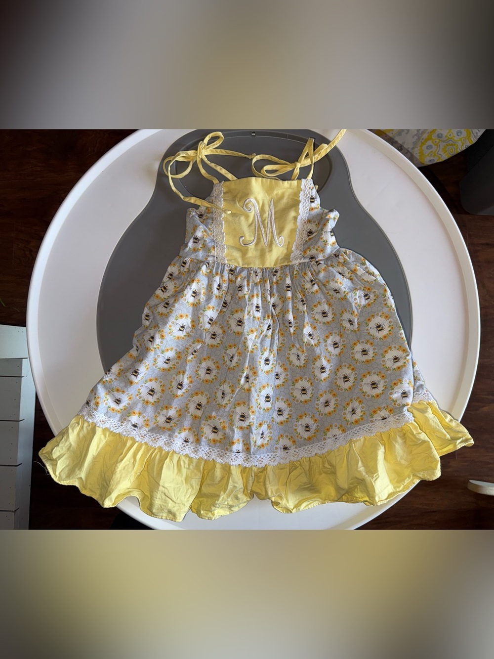 Yellow Floral Ruffle Sundress for Girls with M Monogram, Bumble Bee Pattern